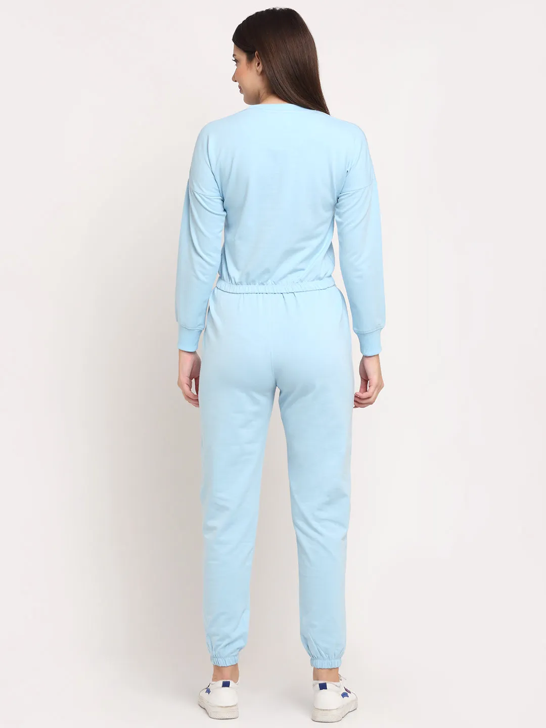 Women Sky Blue Round Neck Full Sleeve Hosiery Solid Tracksuit